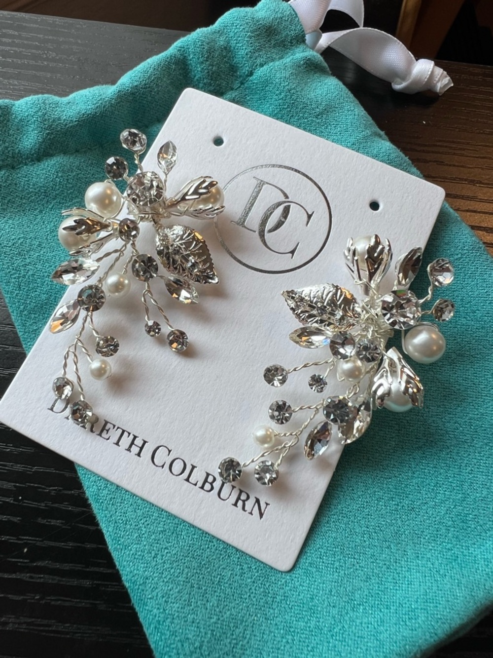 Dareth Colburn Silver Crystal & Pearl Floral Earrings - Perfect for Wedding